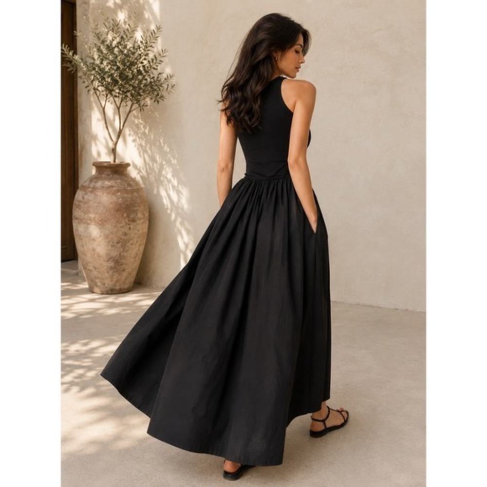 Commense Black Sleeveless Fit & Flare Maxi Dress Pockets Casual Chic XS